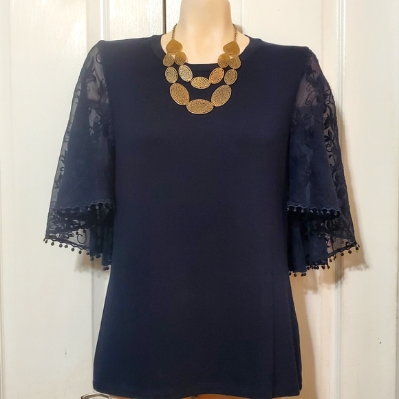 Elie Tahari Tops - Navy Blue ELIE TAHARI knit top with lace sleeves.